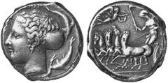 GRIECHISCHE MÜNZEN SICILIA SYRAKUS. AR-Tetradrachme, 413/399 v. Chr., signiert von Phrygillos und Euarchidas; 17.26 g. Arethusakopf l., von vier Delphinen umgeben//Quadriga l., Nike bekränzt Lenker. R