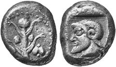 GRIECHISCHE MÜNZEN CYRENAICA BARKE. AR-Tetradrachme, 485/475 v. Chr.; 17.32 g. Silphium//Kopf des Zeus Ammon l. BMC -; Price/Waggoner, Asyut 842 (dies Exemplar); SNG Cop. -. Sehr schönes Exemplar Eine