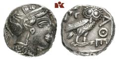 GRIECHISCHE MÜNZEN ATTICA ATHEN. AR-Tetradrachme, Anfang des 4. Jahrhunderts v. Chr.; 17,03 g. Athenakopf r. mit attischem Helm//Eule r., dahinter Olivenzweig und Mondsichel. Flament Style X. R Feine 