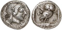 GRIECHISCHE MÜNZEN ATTICA ATHEN AR-Tetradrachme, 500/480 v. Chr.; 17,45 g. Athenakopf r. mit attischem Helm//In Incusum: Eule steht r., dahinter Olivenzweig. Seltman Gruppe Gi, 198 b (dies Exemplar). 