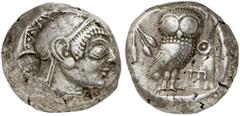 GRIECHISCHE MÜNZEN ATTICA ATHEN AR-Tetradrachme, 500/480 v. Chr.; 16,80 g. Athenakopf r. mit attischem Helm//In Incusum: Eule steht r., dahinter Olivenzweig. Seltman Gruppe Gii. R Leichte Kratzer auf 