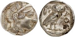 GRIECHISCHE MÜNZEN ATTICA ATHEN AR-Tetradrachme, um 420/405 v. Chr.; 17,20 g. Athenakopf r. mit attischem Helm//In Incusum: Eule r., dahinter Olivenzweig und Mondsichel. Flament Gruppe III. Feine Tönu