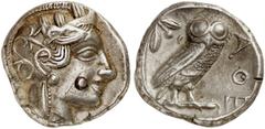 GRIECHISCHE MÜNZEN ATTICA ATHEN AR-Tetradrachme, um 420/405 v. Chr.; 17,08 g. Athenakopf r. mit attischem Helm//In Incusum: Eule r., dahinter Olivenzweig und Mondsichel. Flament Gruppe III. Stempelbru