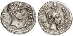 RÖMISCHE MÜNZEN MÜNZEN DER RÖMISCHEN KAISERZEIT Augustus, 30 v.-14 n. Chr - und Divus Julius Caesar. AR-Denar, 17 v. Chr., Rom, M. Sanquinius; 3,98 g. Kopf r.//Kopf des Divus Julius Caesar r. mit Lorb