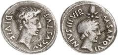 RÖMISCHE MÜNZEN MÜNZEN DER RÖMISCHEN KAISERZEIT Augustus, 30 v.-14 n. Chr - und Divus Julius Caesar. AR-Denar, 17 v. Chr., Rom, M. Sanquinius; 3,87 g. Kopf r.//Kopf des Divus Julius Caesar r. mit Lorb