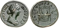RÖMISCHE MÜNZEN MÜNZEN DER RÖMISCHEN KAISERZEIT Antoninus II. Marcus Aurelius, 161-180 - für Faustina filia. Æ-Sesterz, 161/165, Rom; 25,68 g. Drapierte Büste r. mit Diadem//Thron, darauf die Zwilling