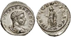 RÖMISCHE MÜNZEN MÜNZEN DER RÖMISCHEN KAISERZEIT Antoninus IV. Elagabal, 218-222 - für Severus Alexander. AR-Denar, 221/222, Rom; 3,29 g. Drapierte Büste r.//Spes geht l. mit Blume. BMC 264; Coh. 65; R