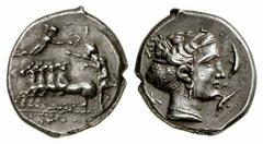 GRIECHISCHE MÜNZEN (GREEK COINS) SICILIA SICILIA PUNIER. AR-Tetradrachme, 350/300 v. Chr., Rasch Melqart (= Kephaloidion?); 17.05 g. Quadriga l., Nike bekränzt Lenker//Persephonekopf r. mit Sphendone,