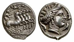 GRIECHISCHE MÜNZEN (GREEK COINS) SICILIA SICILIA PUNIER. AR-Tetradrachme, 350/300 v. Chr., Rasch Melqart (= Kephaloidion?); 16.96 g. Quadriga r., Nike bekränzt Lenker//Persephonekopf r. von 3 Delphine