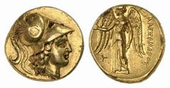 GRIECHISCHE MÜNZEN (GREEK COINS) MACEDONIA MACEDONIA KÖNIGREICH. Alexander III., 336-323 v. Chr. AV-Stater, 333/327 v. Chr., Tarsos; 8.54 g. Athenakopf r. mit korinthischem Helm//Nike steht l. mit Kra