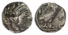 GRIECHISCHE MÜNZEN (GREEK COINS) ATTICA ATTICA ATHEN.  AR-Tetradrachme (subaerat), um 405 v. Chr.; 15.05 g. Athenakopf r. mit attischem Helm//Eule r., dahinter Olivenzweig und Mondsichel. Svoronos Pl.