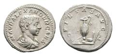 RÖMISCHE MÜNZEN MÜNZEN DER RÖMISCHEN KAISERZEIT Antoninus IV. Elagabal, 218-222 für Severus Alexander. AR-Denar, 221/222, Rom; 3,13 g. Drapierte Büste r.//PIETAS AVG Lituus, Messer, Krug, Simpulum und
