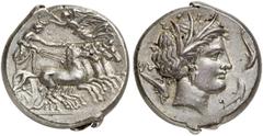 GRIECHISCHE MÜNZEN SICILIA. PUNIER. AR-Tetradrachme, 350/300 v. Chr., Rasch Melqart (= Kephaloidion?); 17,14 g. Quadriga r., Nike bekränzt Lenker//Weiblicher Kopf r. von vier Delphinen umgeben. Jenkin