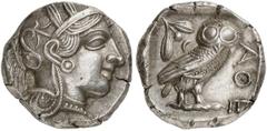 GRIECHISCHE MÜNZEN ATTICA. ATHEN. AR-Tetradrachme, um 420/405 v. Chr.; 17,19 g. Athenakopf r. mit attischem Helm//In Incusum: Eule r., dahinter Olivenzweig und Mondsichel. Flament Gruppe III. Herrlich