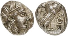 GRIECHISCHE MÜNZEN ATTICA. ATHEN. AR-Tetradrachme, um 350/295 v. Chr.; 17,21 g. Athenakopf r. mit attischem Helm//Eule r., dahinter Olivenzweig und Mondsichel. Flament S. 125 ff., Gruppe Pi III. Feine
