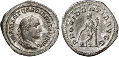 RÖMISCHE MÜNZEN MÜNZEN DER RÖMISCHEN KAISERZEIT. Gordianus II. Africanus, 238. AR-Denar, Rom; 3,52 g. Drapierte Büste r. mit Lorbeerkranz//Providentia steht l. mit Stab und Füllhorn an Säule gelehnt, 