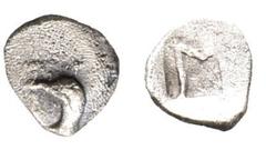 GRIECHISCHE MÜNZEN PELOPONNESUS SICYONIA. SIKYON. AR-Tetartemorion, um 500/450 v. Chr.; 0,17 g. Taubenkopf l.//In Incusum: San. Hoover 251; Slg. BCD 161. RR Prägeschwäche auf dem Revers, sehr schön Ex