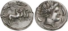 GRIECHISCHE MÜNZEN SICILIA. PUNIER. AR-Tetradrachme, 350/300 v. Chr., Rasch Melqart (= Kephaloidion ?); 17,21 g. Quadriga r., Nike bekränzt Lenker//Weiblicher Kopf r., von vier Delphinen umgeben. Jenk