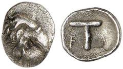 GRIECHISCHE MÜNZEN PELOPONNESUS. ELIS. OLYMPIA. AR-Tetartemorion, um 400 v. Chr., 95. Olympiade; 0,83 g. Adlerkof r.//T zwischen F-A. Seltman -, vergl. Pl. VIII, 18 (dort ohne Ethnikon); Slg. BCD -, v