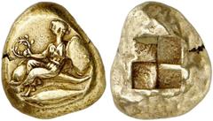 GRIECHISCHE MÜNZEN MYSIA. KYZIKOS. El-Stater, 500/450 v. Chr.; 16,06 g. Nymphe mit Kranz und Schild sitzt auf Delphin l., darunter Thunfisch l.//Viergeteiltes Incusum. SNG France 307; v. Fritze 159. R