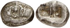 GRIECHISCHE MÜNZEN LYDIA. Kroisos, 561-546 v. Chr. AR-1/2 Stater, Sardeis; 5,33 g. Löwen- und Stierprotome einander gegenüber//Zweigeteiltes Incusum. SNG v. Aulock vergl. 2877 ff. Sehr schön Aus der S