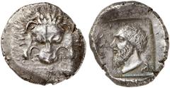 GRIECHISCHE MÜNZEN LYCIA. Mithrapata. AR-Stater, 390/370 v. Chr.; 9,98 g. Löwenmaske v. v.//In Incusum: Bärtiger Kopf l., r. Triskelis. Mildenberg, Vestigia Leonis Tf. XXXIV, 12; Müseler VII, 73 (dies