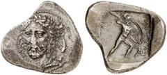 GRIECHISCHE MÜNZEN LYCIA. Perikle. AR-Stater, 380/360 v. Chr., Antiphellos; 9,86 g. Kopf fast v. v., r. Delphin//Nackter Krieger r. mit Helm, Schild und Speer, unten r. Triskelis. Mildenberg in Vestig