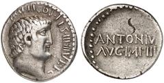 RÖMISCHE MÜNZEN IMPERATORISCHE PRÄGUNGEN. Marcus Antonius, † 30 v. Chr. AR-Denar, 32 v. Chr., Athen; 3,70 g. Kopf r.//ANTONIVS/AVG IMP III. Bab. 96; BMC 177; Crawf. 542/2; Sear 347; Syd. 1209. Feine T