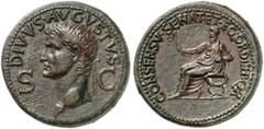 RÖMISCHE MÜNZEN MÜNZEN DER RÖMISCHEN KAISERZEIT. Gaius Caligula, 37-41. - für Divus Augustus. Æ-Dupondius, Rom; 16,32 g. Kopf l. mit Strahlenbinde//Augustus sitzt l. mit Zweig. BMC 88; Coh. 87; RIC² 5