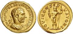 RÖMISCHE MÜNZEN MÜNZEN DER RÖMISCHEN KAISERZEIT. Macrinus, 217-218. AV-Aureus, Rom; 6,22 g. Drapierte Büste r. mit Lorbeerkranz//Jupiter steht l. mit Blitz und Zepter. BMC -; Calico 2944 a; Coh. -; RI