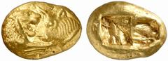 GRIECHISCHE MÜNZEN (GREEK COINS) LYDIA Kroisos, 561-546 v. Chr. AV-Stater (leichter Standard), Sardeis; 8.05 g. Löwen- und Stierprotome einander gegenüber//Zwei Incusa. SNG v. Aulock 2875. RR Attrakti