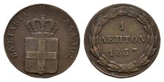 EUROPÄISCHE MÜNZEN UND MEDAILLEN GRIECHENLAND Otto I., 1832-1862. Ku.-Lepton 1837, Athen. 1,45 g. Divo 29 d; Karamitsos 24. Seltener Jahrgang. Winz. Prägeschwäche, sehr schön + Exemplar der Sammlung H