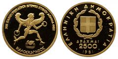 EUROPÄISCHE MÜNZEN UND MEDAILLEN GRIECHENLAND Republik. 2.500 Drachmen 1981, auf die XIII. Leichtathletik-Europameisterschaften 1982 in Athen. 5,81 g Feingold. Fb. 24; Karamitsos S. 181, CD.7; Schl. 1