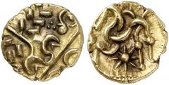 KELTISCHE MÜNZEN BRITANNIA. ICENI. Esuprasto. -> CORIELTAVI. Esuprasu. CORIELTAVI. AV-Stater, Misch-Typ „North East Coast/South Ferriby", 40/20 v. Chr.; 5,80 g. Stark stilisierter Apollokopf r., im r.