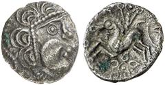 KELTISCHE MÜNZEN BRITANNIA. DOBUNNI. Anted (um 20-43 n. Chr.) -> ICENI. Antedios, 10-30/43 (?) n. Chr. TRINOVANTES. Dubnovellaunus, 5 v.-10 n. Chr. AR-Unit, Typ V-Design; 0,95 g. Kopf mit Phallus-Nase