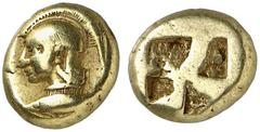 GRIECHISCHE MÜNZEN MYSIA. KYZIKOS. El-Hekte, 550/500 v. Chr.; 2,58 g. Athenakopf l. mit attischem Helm//Viergeteiltes Incusum. SNG France -, vergl. 195 (1/12 Stater); v. Fritze 67. R Sehr schön Exempl