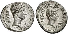 RÖMISCHE MÜNZEN MÜNZEN DER RÖMISCHEN KAISERZEIT. Augustus, 30 v.-14 n. Chr. - und Divus Julius Caesar. AR-Denar, 17 v. Chr., Rom, M. Sanquinius; 3,48 g. Kopf r.//Kopf des Divus Julius Caesar r. mit Lo
