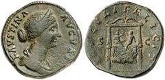 RÖMISCHE MÜNZEN MÜNZEN DER RÖMISCHEN KAISERZEIT. Antoninus II. Marcus Aurelius, 161-180. - für Faustina filia. Æ-Sesterz, 161/165, Rom; 23,58 g. Drapierte Büste r. mit Diadem//Thron, darauf die Zwilli