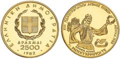 EUROPÄISCHE GOLDMÜNZEN UND -MEDAILLEN GRIECHENLAND. Republik. 2.500 Drachmen 1982. XIII. Leichtathletik-Europameisterschaften 1982 in Athen. Spiridon (Spyros) Louis, Olympiasieger 1896 im Marathonlauf
