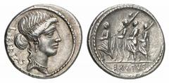 RÖMISCHE MÜNZEN (ROMAN COINS) MÜNZEN DER RÖMISCHEN REPUBLIK AR-Denar, 54 v. Chr., Rom, M. Junius Brutus; 4,04 g. Libertasbüste r.//Der Konsul L. Junius Brutus geht zwischen zwei Liktoren l., davor Acc