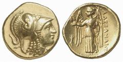 GRIECHISCHE MÜNZEN (GREEK COINS) MACEDONIA KÖNIGREICH. Alexander III., 336-323 v. Chr. AV-Stater, 330/320 v. Chr., Amphipolis; 8.56 g. Athenakopf r. in korinthischem Helm//Nike steht l. mit Kranz und 