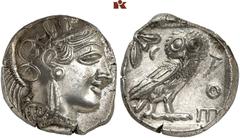 GRIECHISCHE MÜNZEN ATTICA. ATHEN. AR-Tetradrachme, um 420/405 v. Chr.; 17,03 g. Athenakopf r. mit attischem Helm//In Incusum: Eule r., dahinter Olivenzweig und Mondsichel. Flament Gruppe III. Vorzügli