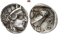 GRIECHISCHE MÜNZEN ATTICA. ATHEN. AR-Tetradrachme, um 420/405 v. Chr.; 17,14 g. Athenakopf r. mit attischem Helm//In Incusum: Eule r., dahinter Olivenzweig und Mondsichel. Flament Gruppe III. Feine Pa