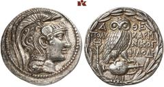 GRIECHISCHE MÜNZEN ATTICA. ATHEN. AR-Tetradrachme, Boedromion (= September/Oktober) 133 v. Chr.; 16,90 g. Athenakopf r. mit attischem Helm//In Kranz: Eule auf Amphore mit Γ v. v., l. geflügeltes Keryk