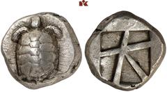 GRIECHISCHE MÜNZEN AEGINA. AEGINA. AR-Stater, 445/430 v. Chr.; 12,12 g. Landschildkröte, darauf ovale Prüfpunze//Fünffach geteiltes Incusum. Hoover 437; SNG Delepierre 1535. R Sehr schön