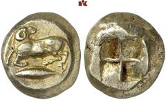 GRIECHISCHE MÜNZEN MYSIA. KYZIKOS. El-Stater, 550/500 v. Chr.; 16,12 g. Widder l., Kopf r., darunter Thunfisch//Viergeteiltes Incusum. SNG France -; v. Fritze 47. R Sehr schön Bei einem attischen Komö