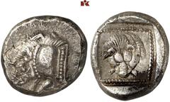 GRIECHISCHE MÜNZEN LYCIA. Frühdynastische Prägungen. AR-Stater, um 480 v. Chr.; 9,38 g. Eberprotome l.//In Quadratum incusum: Löwenmaske in Perllinie. Babelon, Traité -; BMC -; Müseler -; SNG Cop. -; 