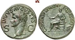 RÖMISCHE MÜNZEN MÜNZEN DER RÖMISCHEN KAISERZEIT. Gaius Caligula, 37-41. - für Divus Augustus. Æ-Dupondius, Rom; 15,42 g. Kopf l. mit Strahlenbinde//Augustus sitzt l. mit Zweig. BMC 88; Coh. 87; RIC² 5