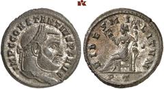 RÖMISCHE MÜNZEN MÜNZEN DER RÖMISCHEN KAISERZEIT. Constantius I., 293-306. Æ-Follis, 305, Ticinum, 1. Offizin; 9,84 g. Kopf r. mit Lorbeerkranz//Fides sitzt l. mit zwei Standarten. Dazu: Æ-Follis, 299/