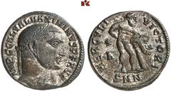 RÖMISCHE MÜNZEN MÜNZEN DER RÖMISCHEN KAISERZEIT. Maximinus II. Daia, 305-313. Æ-Follis, 315, Nicomedia, 1. Offizin; 4,17 g. Kopf r. mit Lorbeerkranz//Hercules steht r. mit Keule und Löwenfell. Dazu: Æ